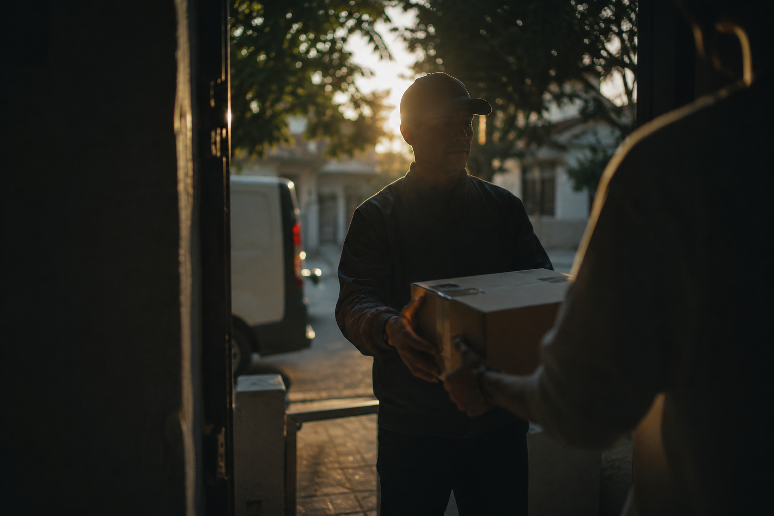 Delivery courier handing a package to a customer at the doorway